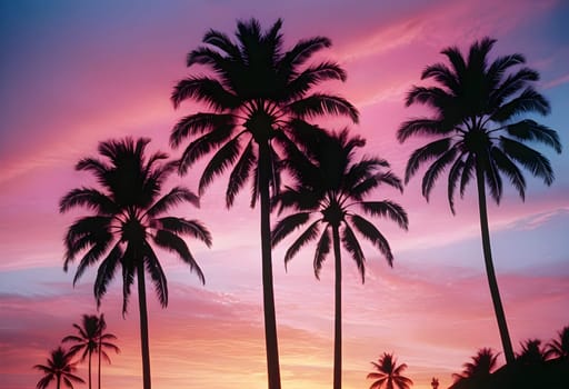 AI generated of a purple sky with the sun setting behind silhouette of palm trees