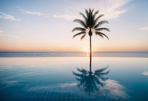 AI generated of a palm tree stands in the middle of a pool at sunset