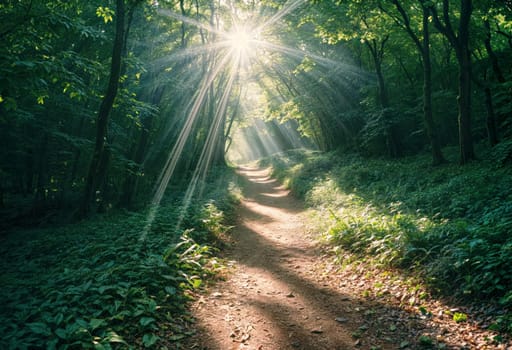 AI generated of a dirt path in the woods with sunlight shining through the trees