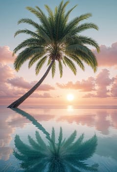 AI generated of palm tree reflection on the pool water at sunset