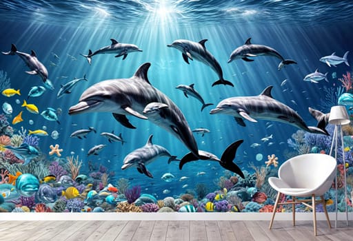 AI generated of a large photo of dolphins swimming in an aquarium with a couch and a chair