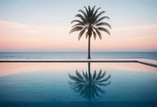 AI generated of a palm tree is reflected in a pool at sunset