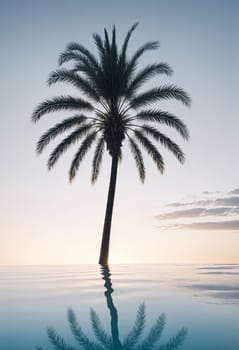 AI generated of a palm tree is reflected in the water with the sun setting behind it