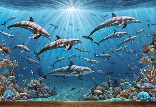 AI generated of a large aquarium with many dolphins swimming under it