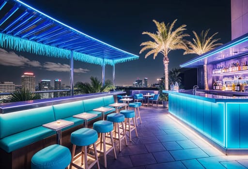 AI generated of the rooftop bar at the hotel with palm trees in the background
