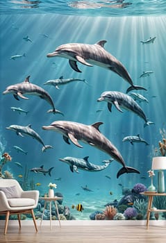 AI generated of a photo of dolphins swimming in a tank with other fish swimming in it