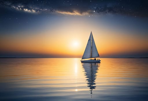 AI generated of a sailboat is floating in the ocean with the sun behind it