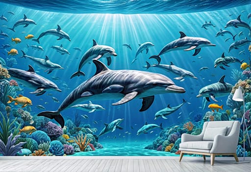 AI generated of a large photo of dolphins swimming in an aquarium with a couch and a chair
