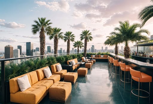 AI generated of a balcony of rooftop bar with palm trees and a city skyline in a hotel
