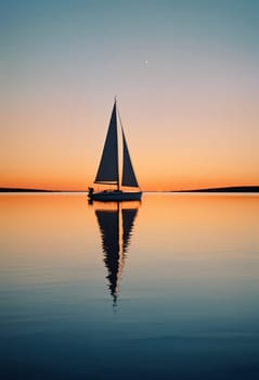 AI generated of a sailboat is floating in the ocean water at sunset