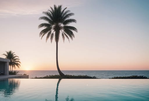 AI generated of a palm tree stands in the middle of a pool at sunset