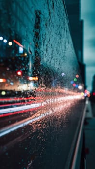 A vivid depiction of city lights reflected on a wet surface during a rainy night. atmospheric background imagery