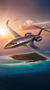 A luxury private jet flying over beautiful tropical islands during a breathtaking sunset. AI-generated.Perfect for travel and luxury lifestyle advertising