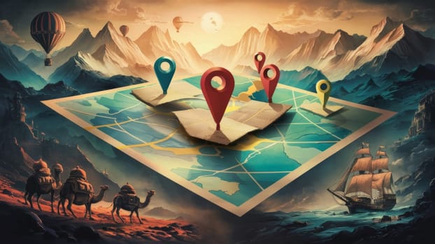 An imaginative map featuring mountains, camels, a ship, and hot air balloons marked with location pins, blending real and fantastical elements. for use in storytelling or travel inspiration content.
