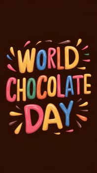 Brightly colored, festive text celebrating World Chocolate Day with vibrant lettering and playful splashes.