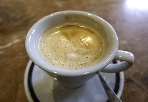 Detail of hot milk coffee, drink and breakfast
