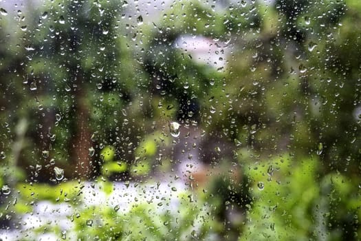 Detail of wet window on a cold rainy day in winter
