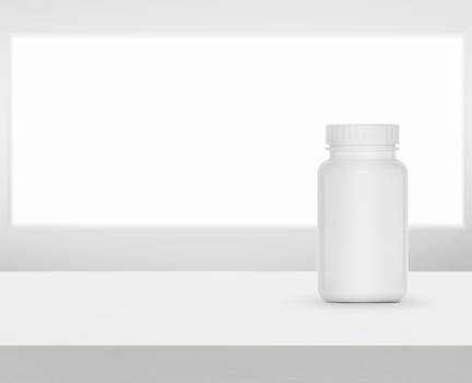 White supplement bottle for medicine on white wooden table