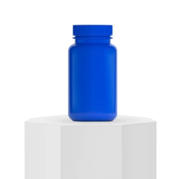 Blue supplement bottle for medicine on Podium octagonal pedestal