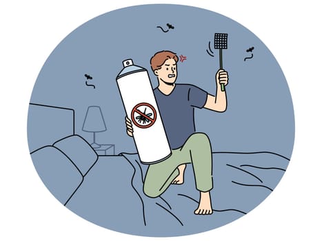Angry man sit on bed at home with fly swatter and aerosol suffer from mosquitos at night. Mad male renter with spray and flyswatter killing insects. Vector illustration.