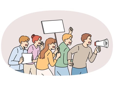 Furious people with megaphone and placards on street protest. Mad activists or volunteers protest and scream on demonstration. Vector illustration.