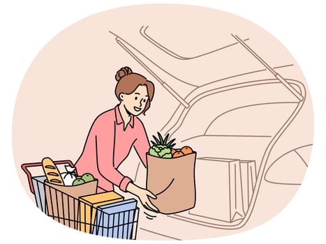 Smiling woman unload groceries into car trunk from supermarket cart. Happy housewife putting bags with products and vegetable from shop into automobile. Vector illustration.