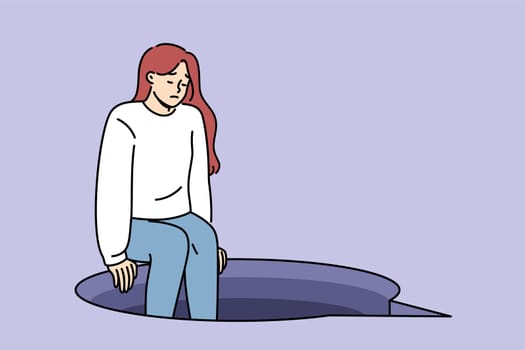 Depression in woman sitting on edge of abyss in form of speech bubble, as metaphor for complex conversation. Introvert girl experiences frustration and negative emotions due to upcoming conversation.