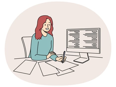 Smiling girl sit at desk working on computer taking notes. Happy woman employee study on PC handwrite data on paper. Digital learning and IT class. Vector illustration.