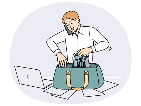 Businessman packing bag for workout finishing office job. Male employee multitask get ready for gym at workplace. Vector illustration.