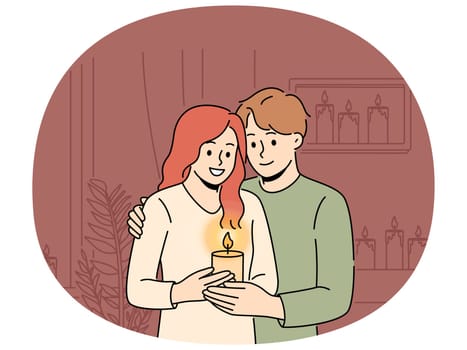 Smiling couple hug holding burning candle in hands enjoy romantic evening at home. Happy man and woman with candlelight in darkness. Love and romance. Vector illustration.