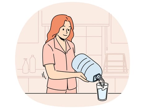 Smiling woman pouring water from bottle at home kitchen. Happy girl drinking clean bottled aqua feeling thirsty. Hydration and healthy life. Vector illustration.