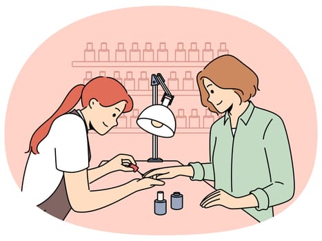 Beautician make manicure for female client in salon. Nail master work with woman customer in saloon. Beauty and cosmetology. Vector illustration.