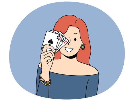 Smiling redhead woman posing with playing cards in hands. Happy female gambler with poker cards. Gambling and risky hobby. Vector illustration.