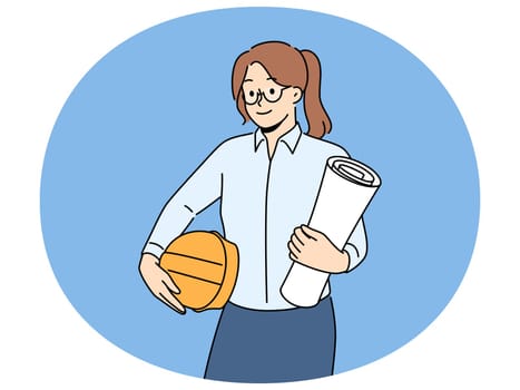 Smiling businesswoman with helmet and blueprints at building site. Happy female architect with paperwork in hands at construction place. Occupation. Vector illustration.
