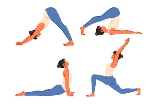 Woman fitness trainer takes different positions from pilates and gymnastics to develop flexibility. Girl fitness instructor teaches sports to maintain beautiful figure and improve health.