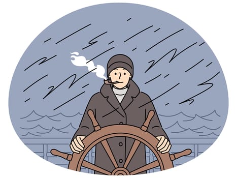 Captain in outerwear standing at ship steering wheel smoking pipe. Smiling man sailing in ocean in storm. Marine life. Vector illustration.