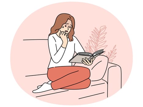 Woman sit on couch rad book crying. Unhappy girl feel emotion reading literature at home. Hobby and emotions. Vector illustration.