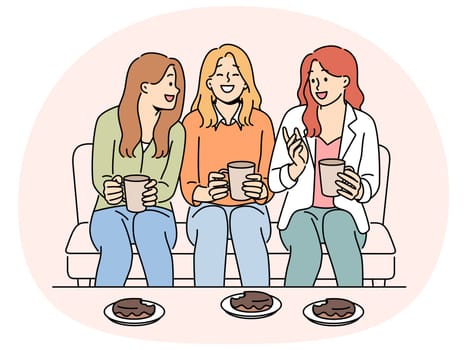 Smiling girls sitting on couch drinking tea eating desserts enjoying weekend together. Happy girlfriends relax with drinks and pastries at home. Vector illustration.
