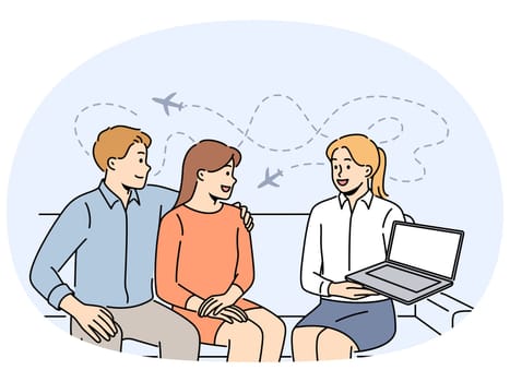 Smiling tour operator showing travel offer on laptop to excited couple clients. Happy agent recommend trip to customers in office. Tourism. Vector illustration.