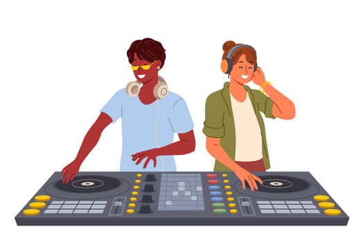 Two DJ use mixing console to entertain visitors to disco in nightclub and play original musical hits. Team of professional DJ with audio equipment for dance festival in club or concert