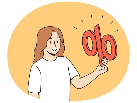 Smiling woman holding percentage sign in hands. Happy businesswoman with percent symbol excited with lease rate or sale discount. Vector illustration.