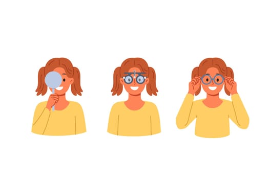 Vision testing and choice of glasses in ophthalmic clinic for little girl experiencing eye problems. Selection of glasses and right lenses for vision correction for preschool child