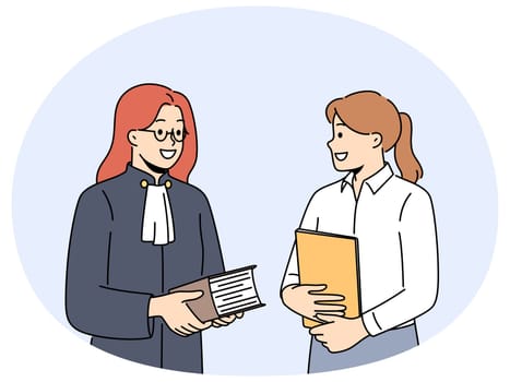 Smiling female lawyer and paralegal with folders in office. Happy woman judge with assistant holding documents in court. Vector illustration.