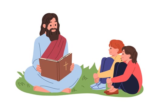 Jesus reads bible to children sitting on lawn, explaining to kids commandments from christian religion. Prophet jesus holding book with catholic or orthodox cross on cover located near boy and girl