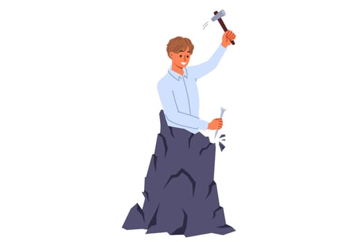 Man makes himself, making efforts for professional development, hollows out own image from rock. Concept of striving for business success and motivation for development and improving life