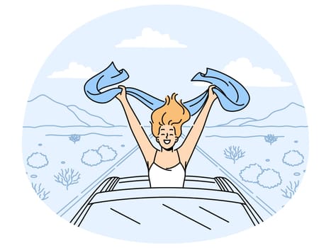 Happy woman with scarf riding in cabriolet car in desert. Smiling girl enjoy automobile drive with open roof. Freedom and summertime. Vector illustration.