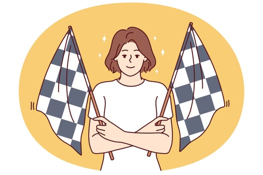 Smiling woman holding two checkered flags to signal for start of car racing competition among drivers. Beautiful girl works as orbitr in street racing competition or karting championship