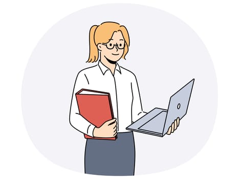 Smiling businessman with laptop and folder. Happy female employee in glasses standing busy with computer. Education and business. Vector illustration.