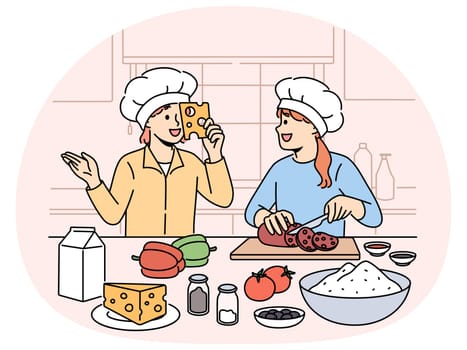 Smiling kids cooking together at home kitchen. Happy little children have fun preparing food cutting vegetables. Hobby and culinary. Vector illustration.