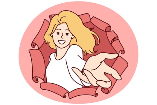 Happy woman stretching open palm through hole in torn paper to make Follow me gesture or make good offer. Positive woman reaching for screen making wanting to take item or invite you